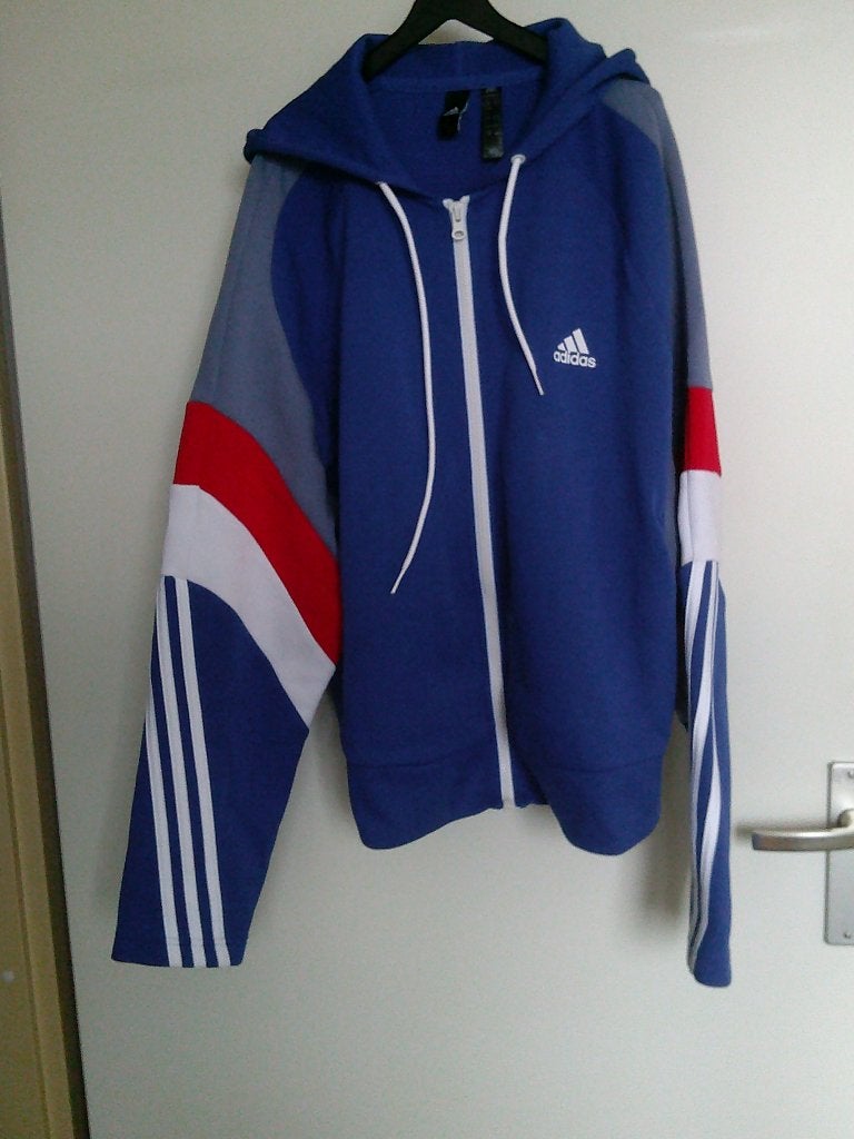 stoer ADIDAS HOODIE vest blauw wit rood 44 -GRATIS zend, Verzenden, Zo goed als nieuw, Maat 42/44 (L), Blauw