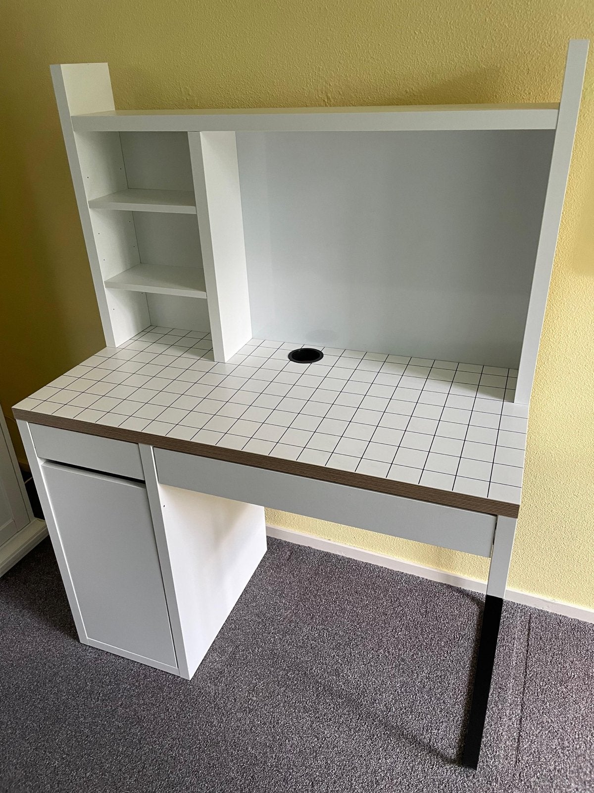 IKEA Macke wit bureau met opbergruimte en opzetstuk, Huis en Inrichting, Bureaus, Ophalen, 105 cm, Gebruikt, Met lades