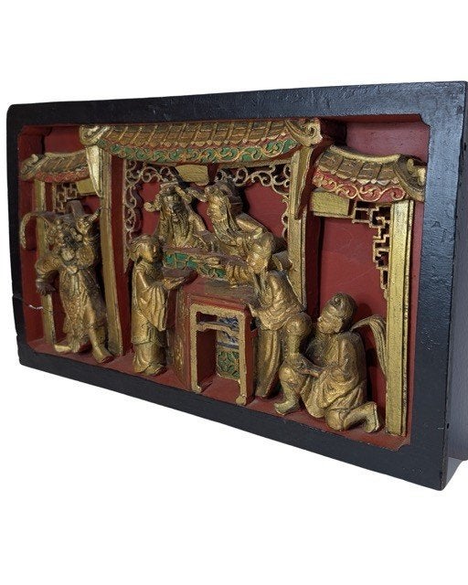 Groot antiek Chinees verguld houtsnijpaneel – Qing-dynastie, Antiek en Kunst, Ophalen of Verzenden, Op houten frame, Overige technieken