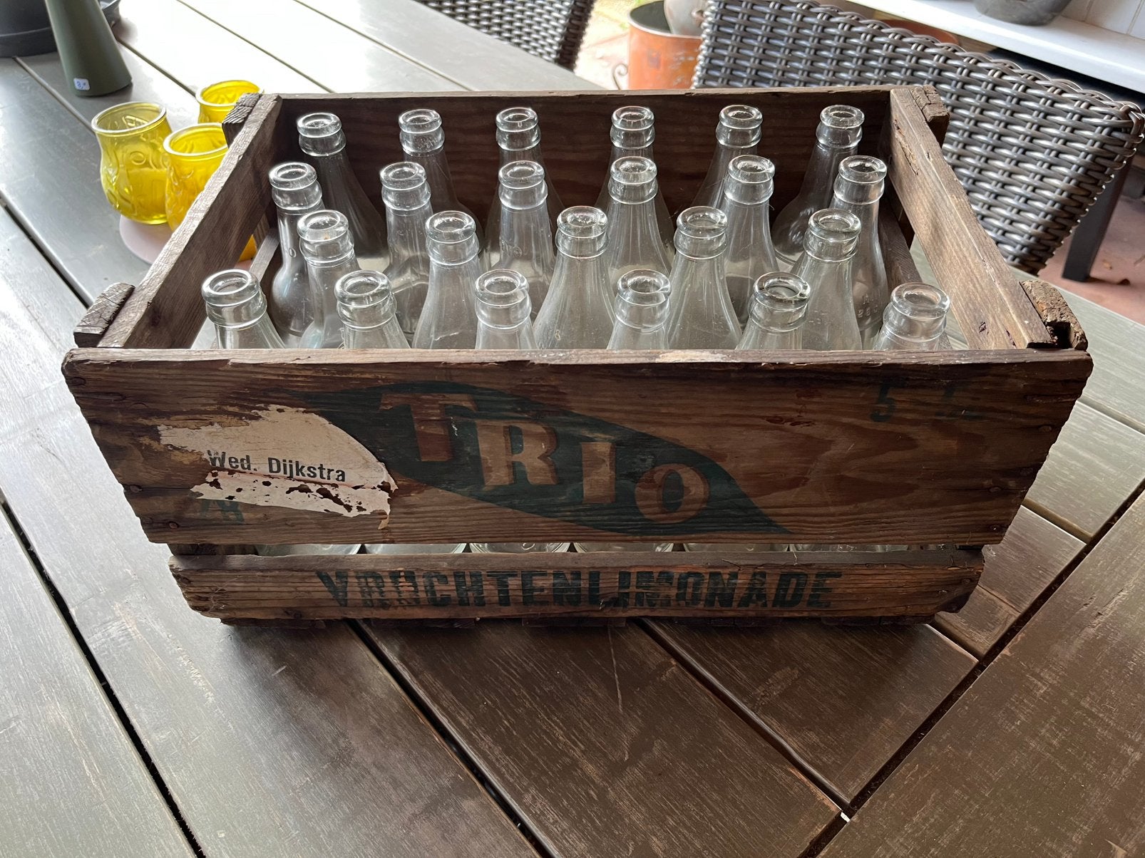 Antiek houten Limonadekrat van het merk Trio van Weduwe, Verzamelen, Ophalen, Gebruikt