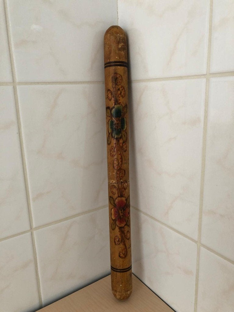 Vintage houten breinaaldenkoker-Handgeschilderd bloemmotief, Hobby en Vrije tijd, Breien en Haken, Ophalen of Verzenden, Gebruikt