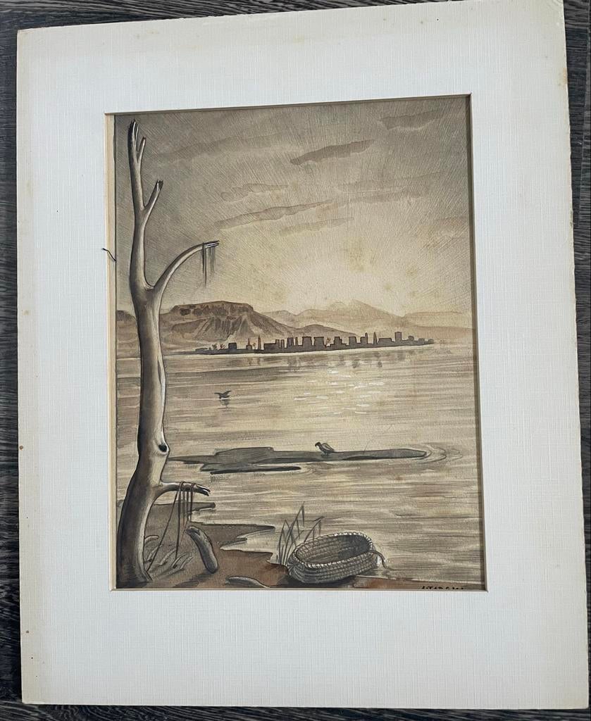 Schilderij Auke Anne Tadema - Rivierlandschap met stad, Antiek en Kunst, Kunst | Schilderijen | Modern, Ophalen of Verzenden