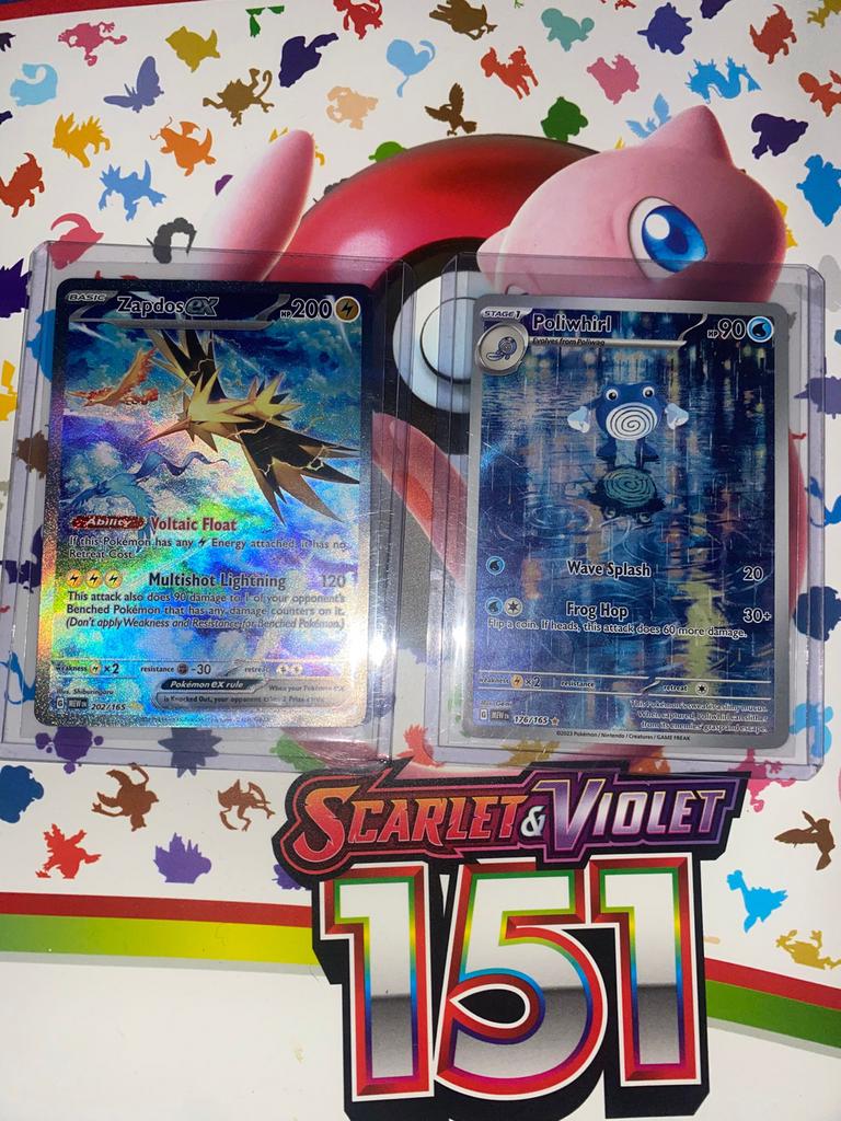 Pokémon 151 Zapdos ex en Poliwhirl kaarten, Ophalen of Verzenden, Zo goed als nieuw, Meerdere kaarten, Foil