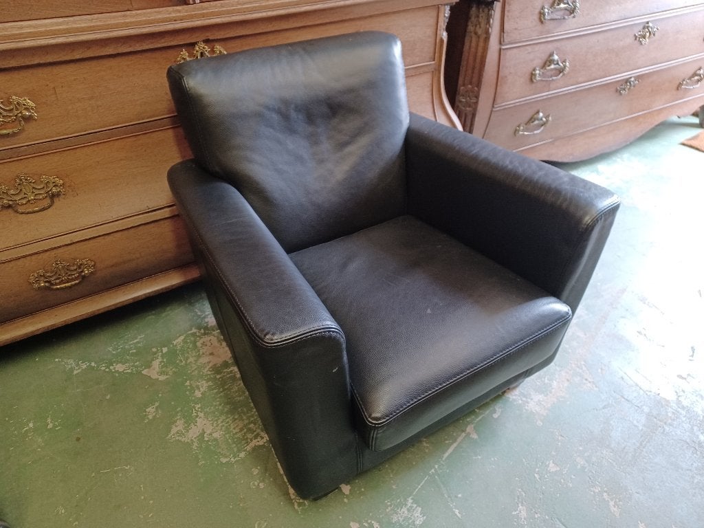 Lederen Zwarte Fauteuil, Ophalen, Gebruikt, 50 tot 75 cm, Leer