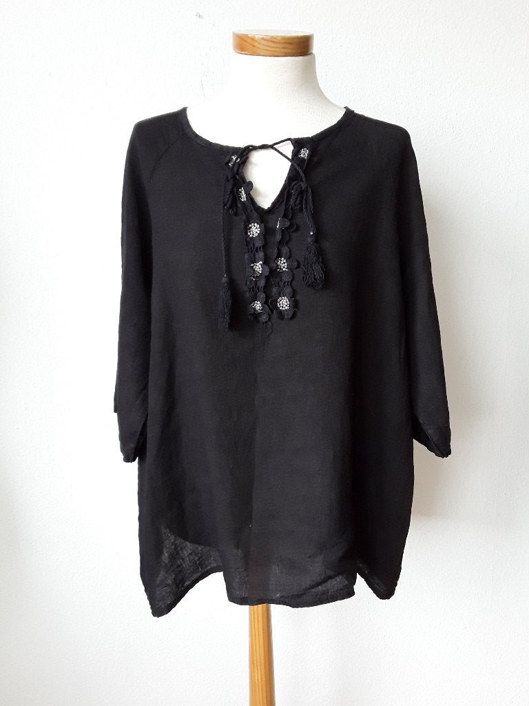 Linnen blouse in zwart TU, Made in Italy, Verzenden, Zwart, Maat 42/44 (L)