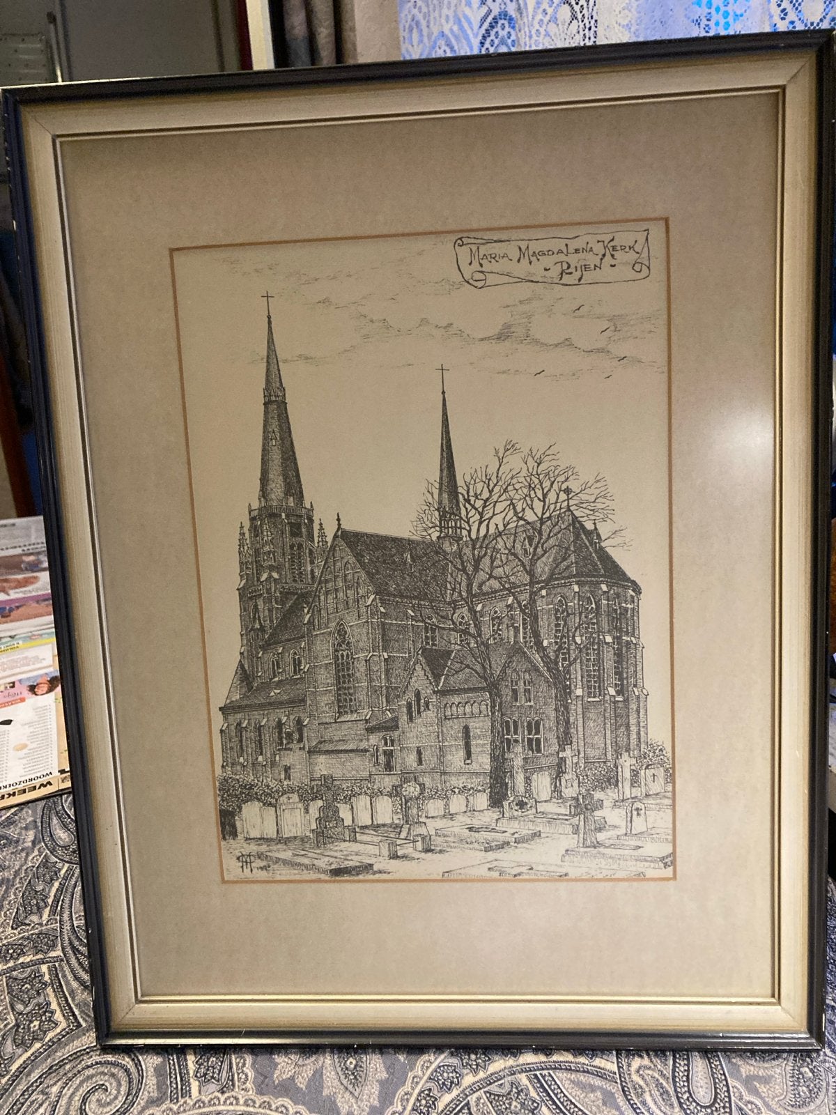 Ets Maria Magdalena Kerk te Rijen .Ingelijst, Antiek en Kunst, Ophalen of Verzenden, Tekening, Pentekening, Achter glas