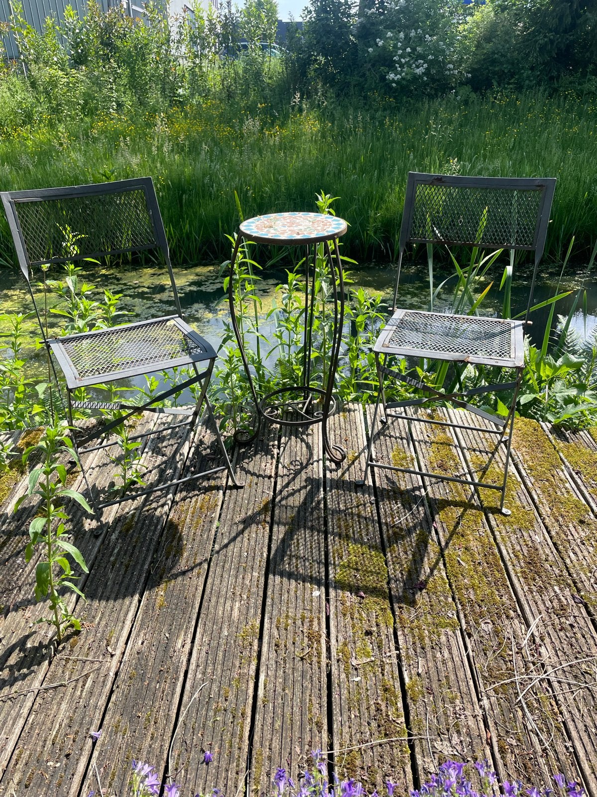 Brocante metalen tuinsetje met mozaïektafel, Overige materialen, Gebruikt, Eettafel, Tuinset