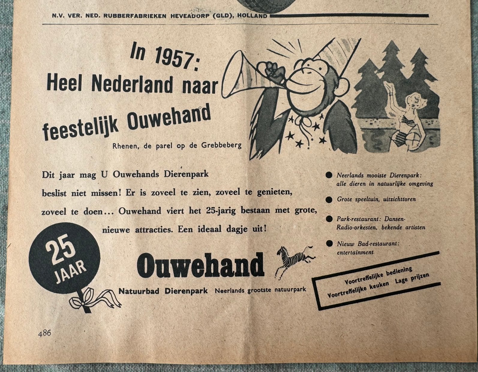 Advertentie 1957 Ouwehands dierenpark Rhenen Grebbeberg, Ophalen of Verzenden, 1940 tot 1960, Knipsel(s)