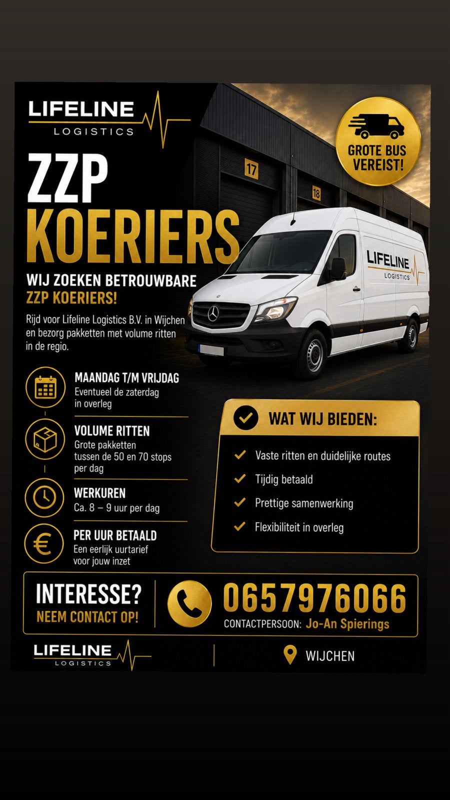 ZZP KOERIERS GEZOCHT – LIFELINE LOGISTICS B.V. (WIJCHEN), 33 - 40 uur, Overige niveaus, Starter