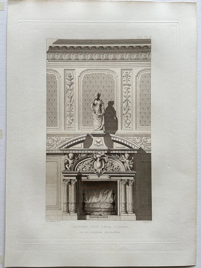 Antieke gravure, 1877 - Architectuur, klassiek interieur, Antiek en Kunst, Kunst | Etsen en Gravures, Ophalen of Verzenden, 30 cm