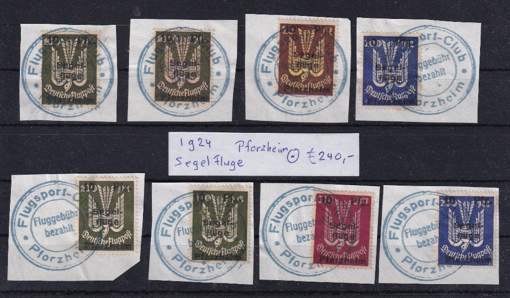 X200) 1924 Segelfluge Pforzheim €240 8 briefstukjes maakwerk, Postzegels en Munten, Ophalen of Verzenden, Duitse Keizerrijk, Gestempeld