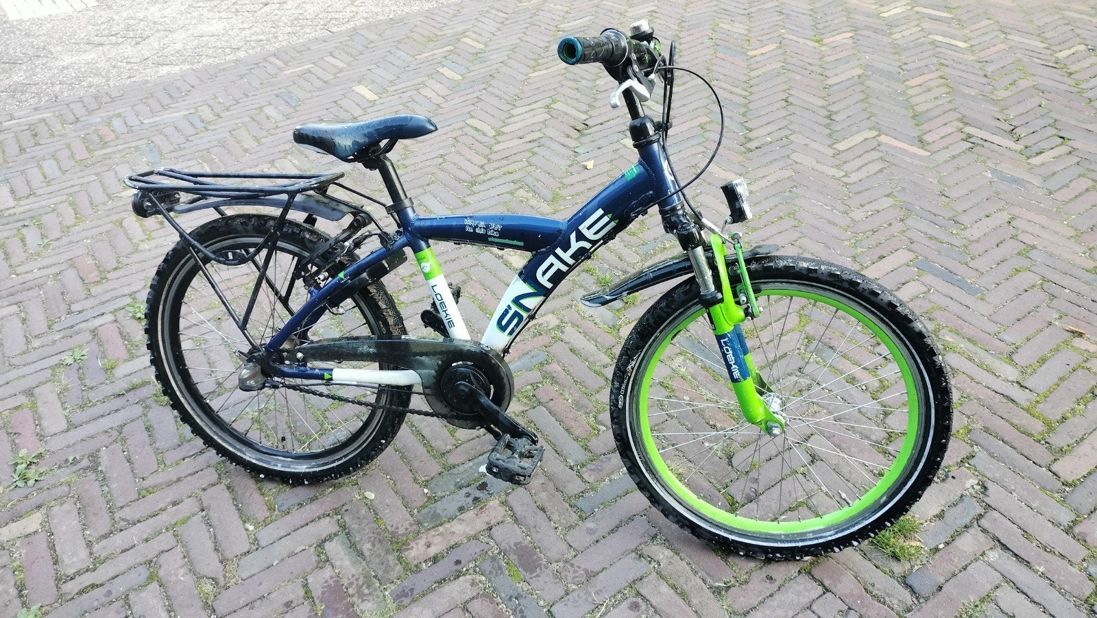 Snake kinderfiets 22 inch - Blauw/Groen, Gebruikt, Velgrem, Versnellingen, Minder dan 49 cm