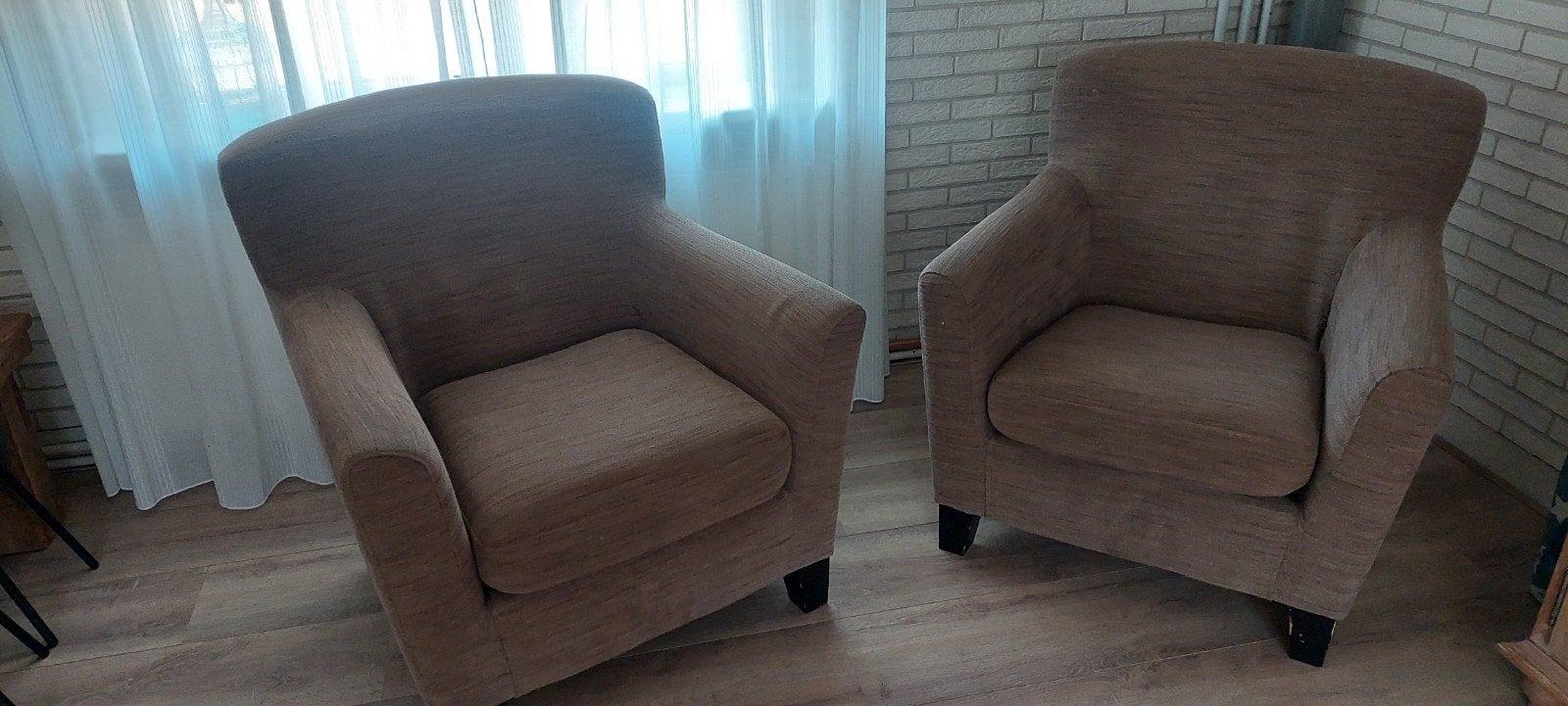 Comfortabele fauteuils (2 stuks) - Beige stof, Ophalen, Gebruikt, Minder dan 75 cm, Modern comfort