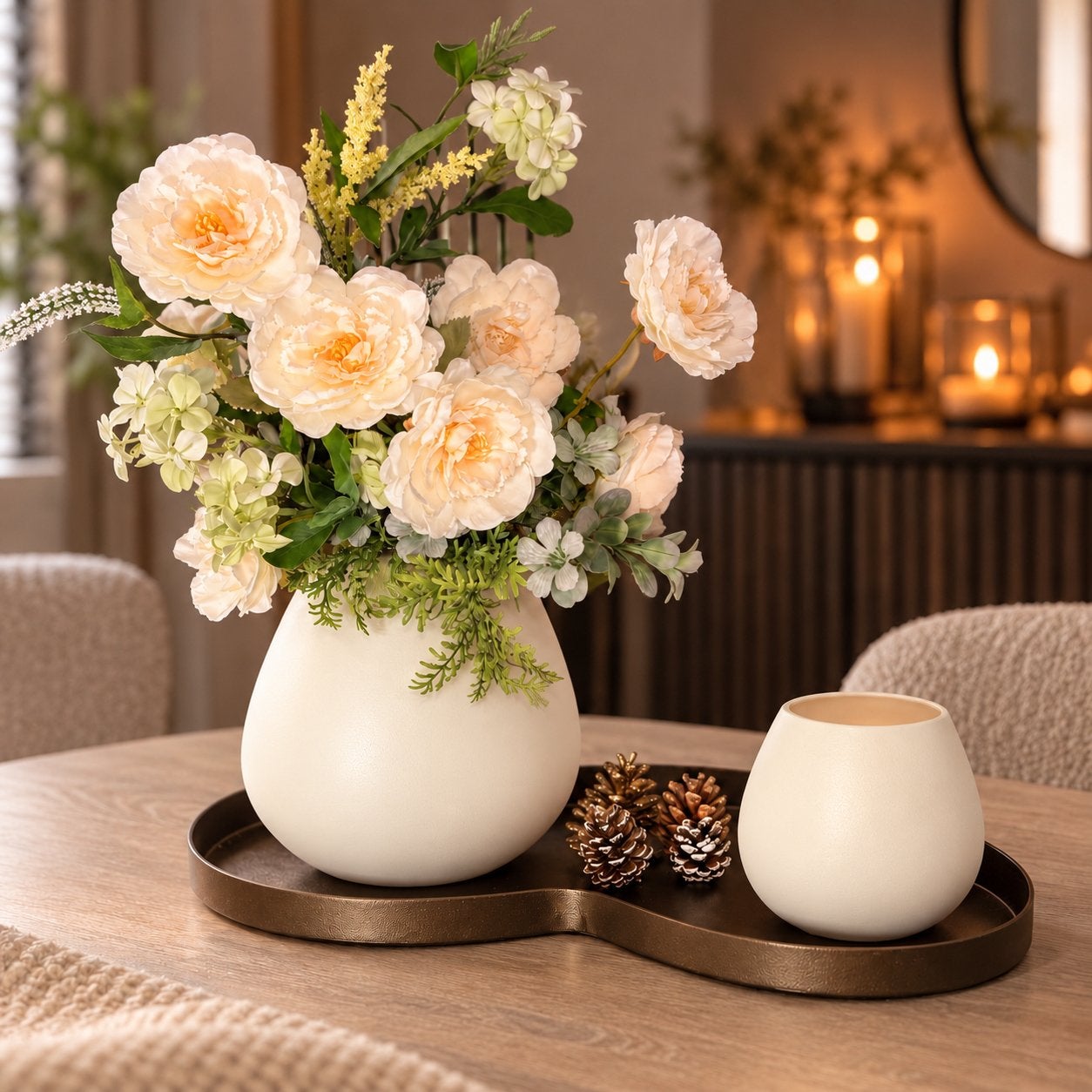 Compleet tafeldecoratie set – Op organisch dienblad Brons, Binnen, Www.discountfashioncorner.nl, Clayre & Eef, Inclusief kunstbloemen