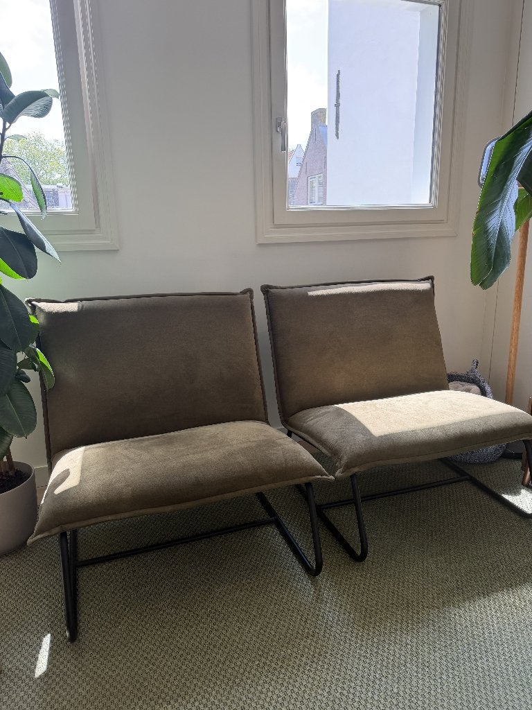 Set van 2 Moderne Design Olijf Groene Fauteuils Prijs voor 2, Huis en Inrichting, Stoelen, Ophalen, Gebruikt, Twee, Overige kleuren