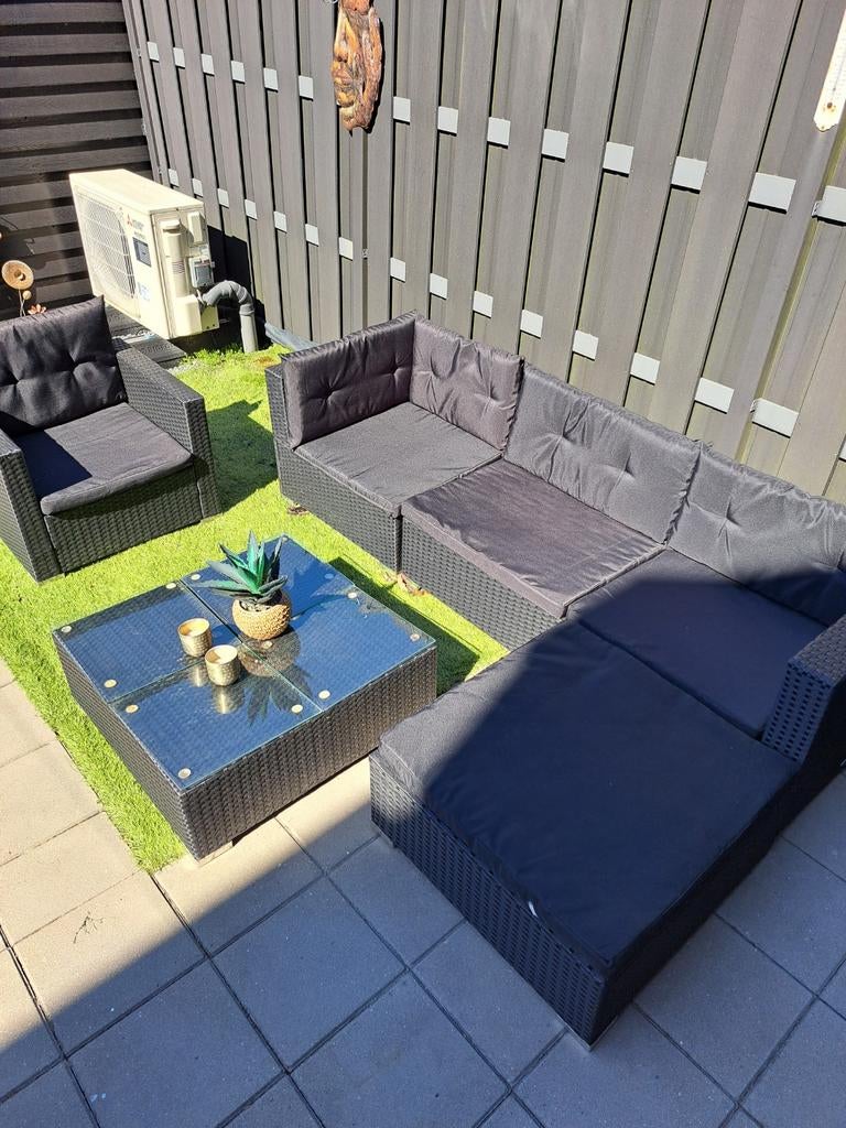 Zwarte Wicker Loungeset met Lage Zitting, Tuin en Terras, Tuinsets en Loungesets, Ophalen, 5 zitplaatsen, Gebruikt, Bank