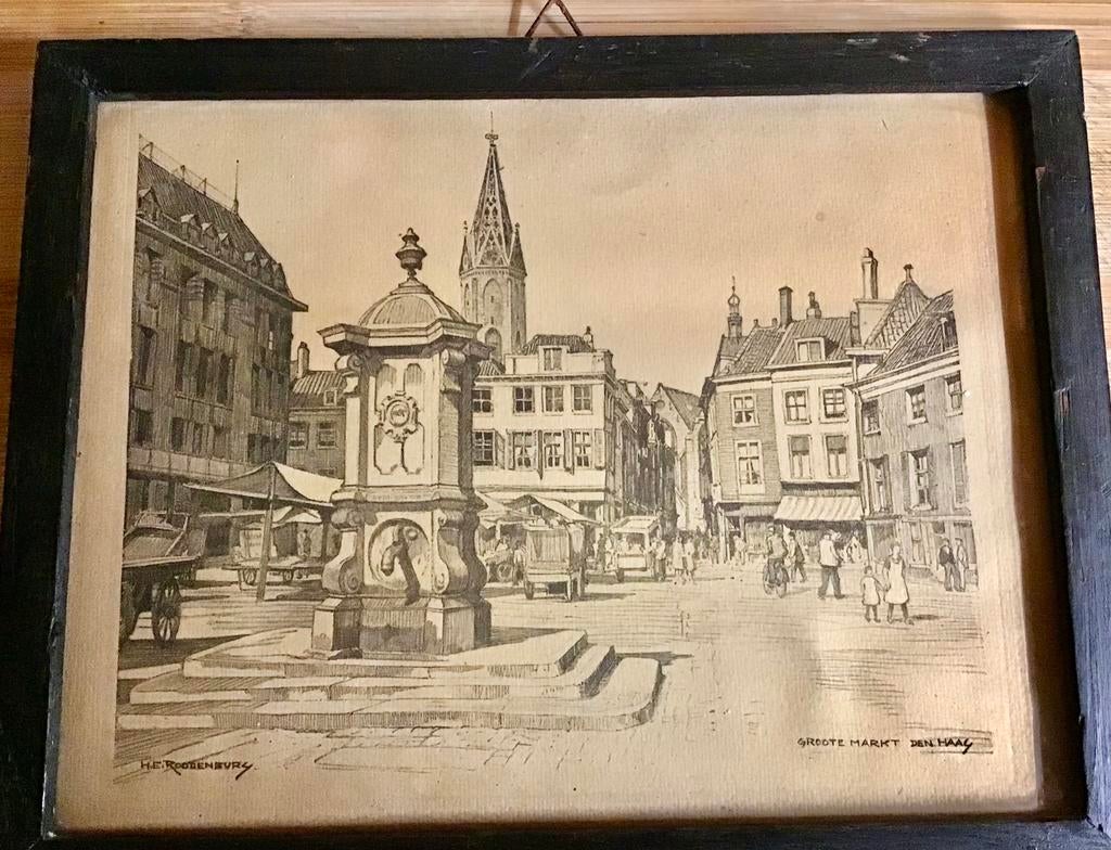 Schilderij H.E. Roodenburg getiteld Groote Markt Den Haag, Verzenden