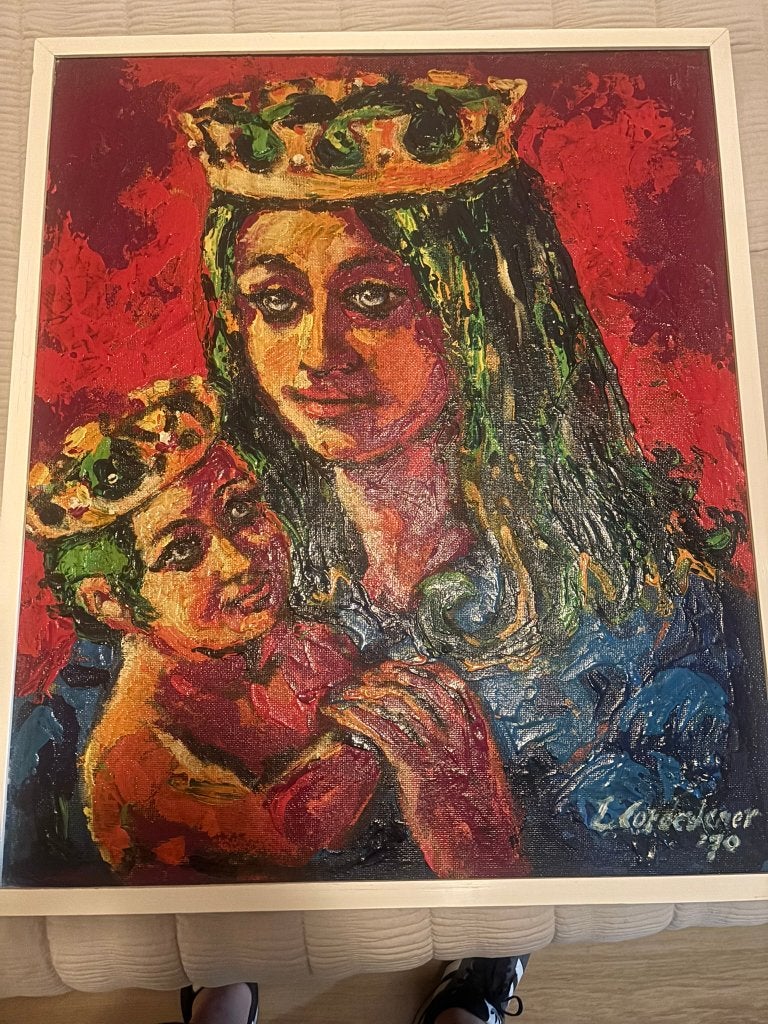 Olieverfschilderij Madonna met kind - 1970, Verzamelen, Religie, Ophalen, Gebruikt, Overige typen, Christendom | Katholiek