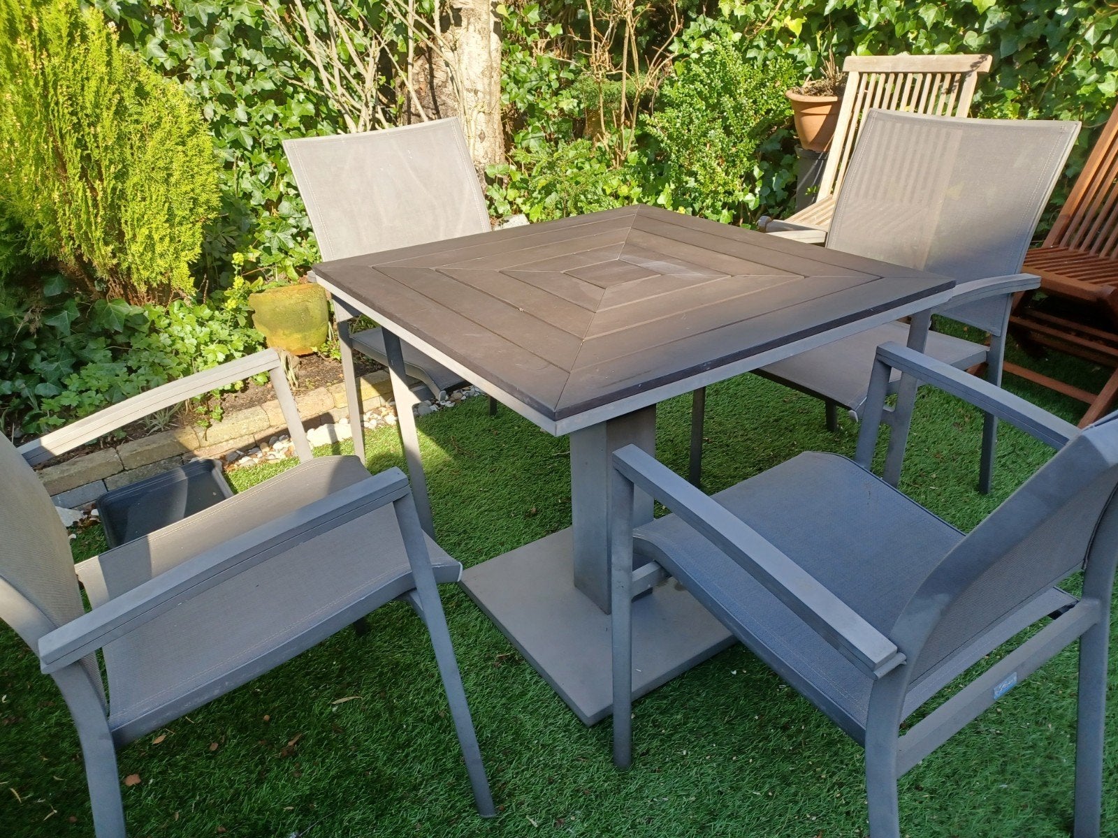 Tuinset met 4 stoelen/ kussens tafel - Fiore Garden, Ophalen, 4 zitplaatsen, Gebruikt, Aluminium