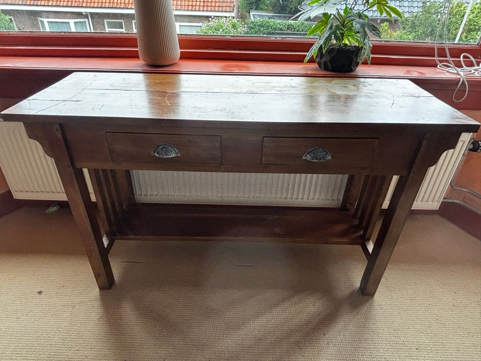 Teakhouten sidetable met twee lades en opbergplank, Ophalen, 25 tot 50 cm, Rechthoekig, 100 tot 150 cm