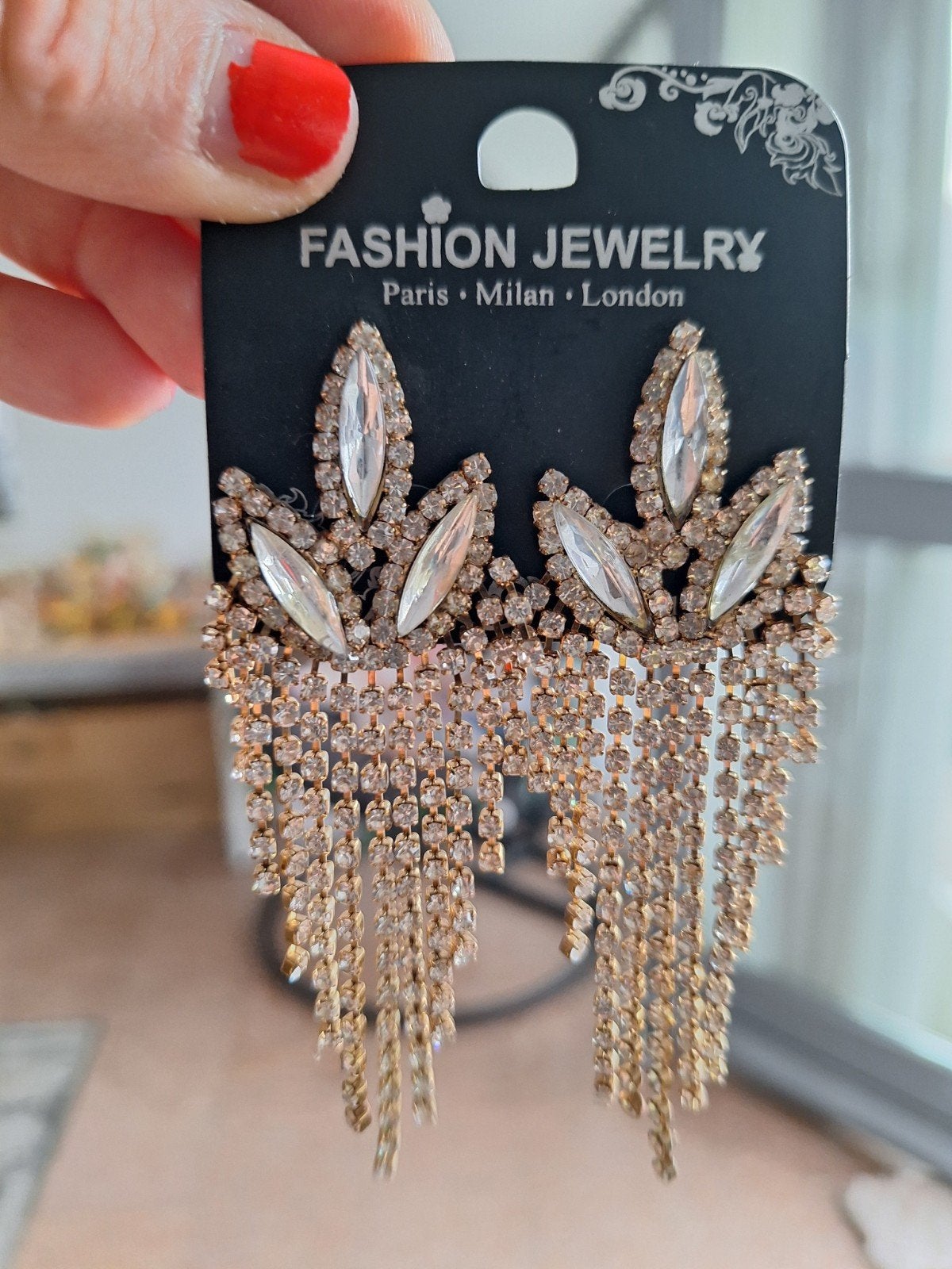 Lange oorbellen met strass en kristallen, Overige materialen, Hangers, Met strass, Nieuw