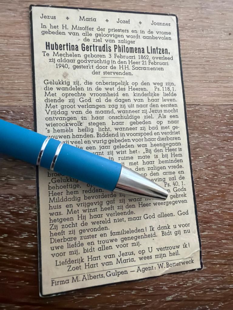 Lintzen Hubertina 1862 Mechelen 1940 - E00961 -, Ophalen of Verzenden, Bidprentje
