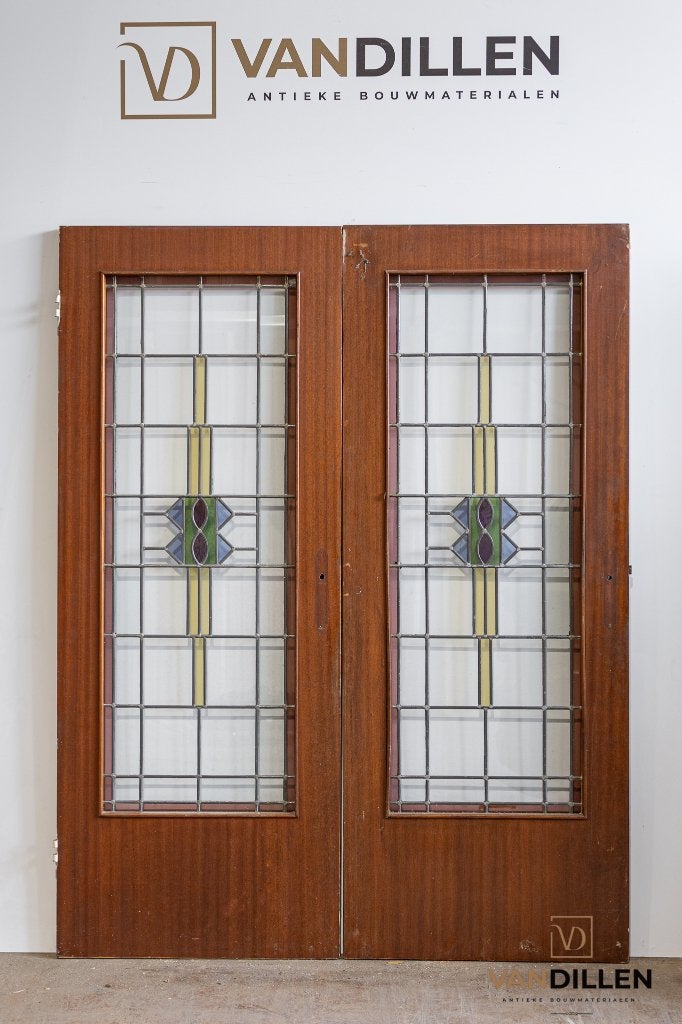 Antieke set deuren glas in lood openslaand 201 x 78, 120 cm of meer, Binnendeur, Ophalen of Verzenden, Zo goed als nieuw