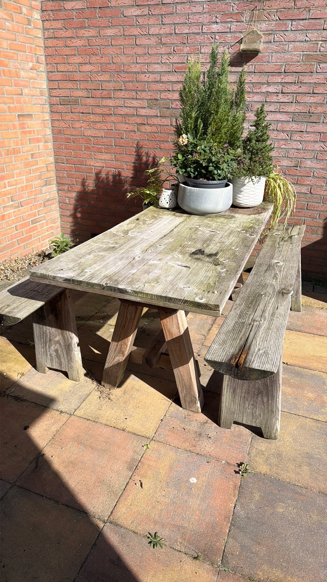 Picknicktafel, tuintafel met twee banken. Opknapper, Ophalen, Gebruikt, Rechthoekig, Hout