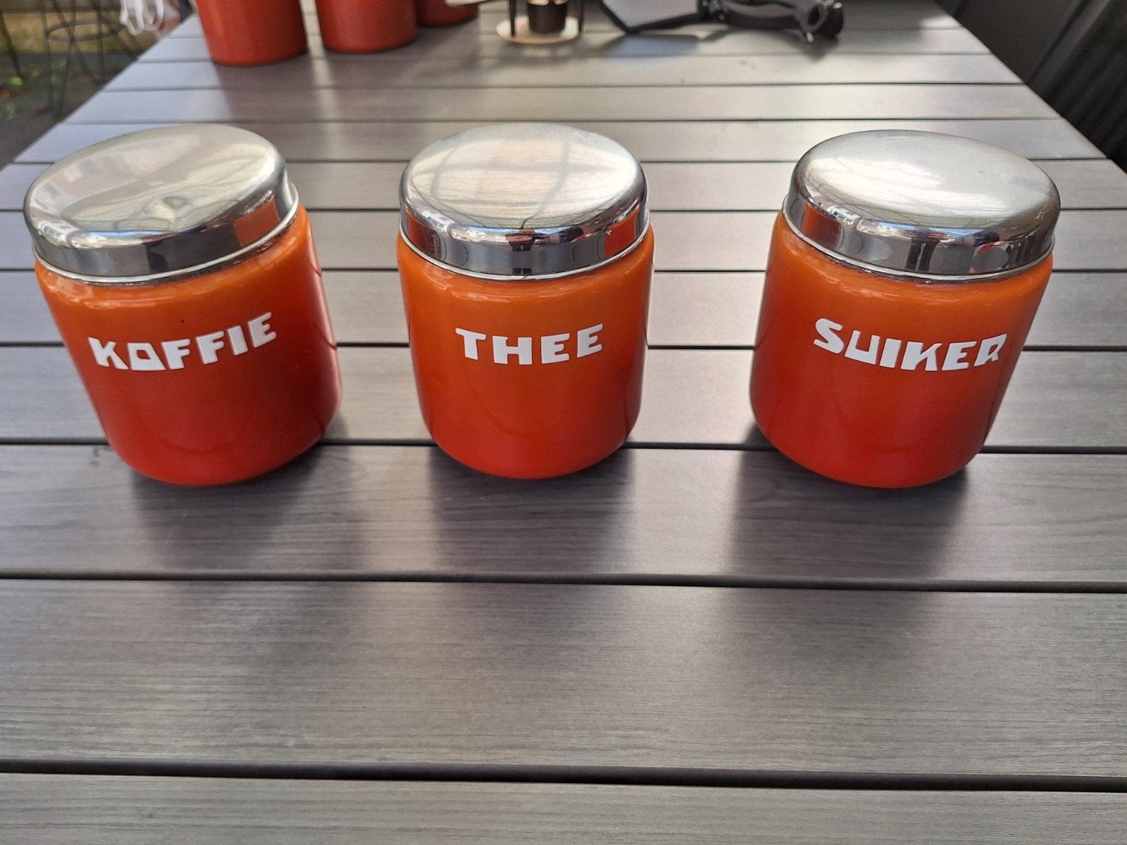 Vintage Oranje Voorraadpotten Set (Koffie, Thee, Suiker), Ophalen