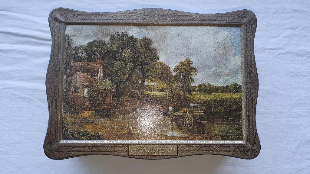 Groen koekblik afbeelding van schilderij "The Hay Wain" #050, Verzamelen, Blikken, Ophalen of Verzenden, Gebruikt, Koek(jes), Overige merken