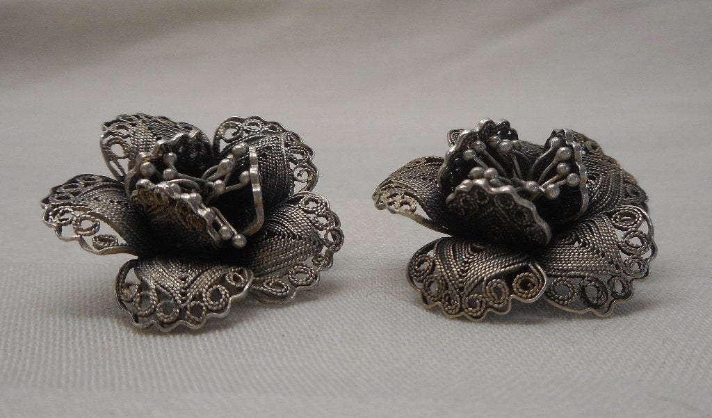 Zilveren prachtige antieke oorclips bloem nr.773, Sieraden, Tassen en Uiterlijk, Antieke sieraden, Verzenden, Zilver, Oorbellen
