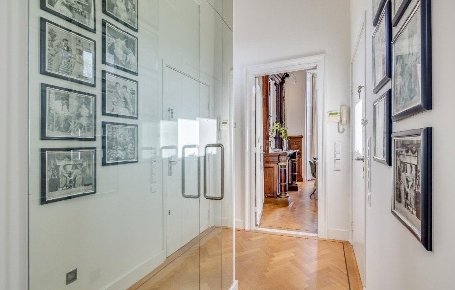 Stevige glazen deur met Dorma beslag en plaat, Gebruikt, Binnendeur, Glas, 200 tot 215 cm