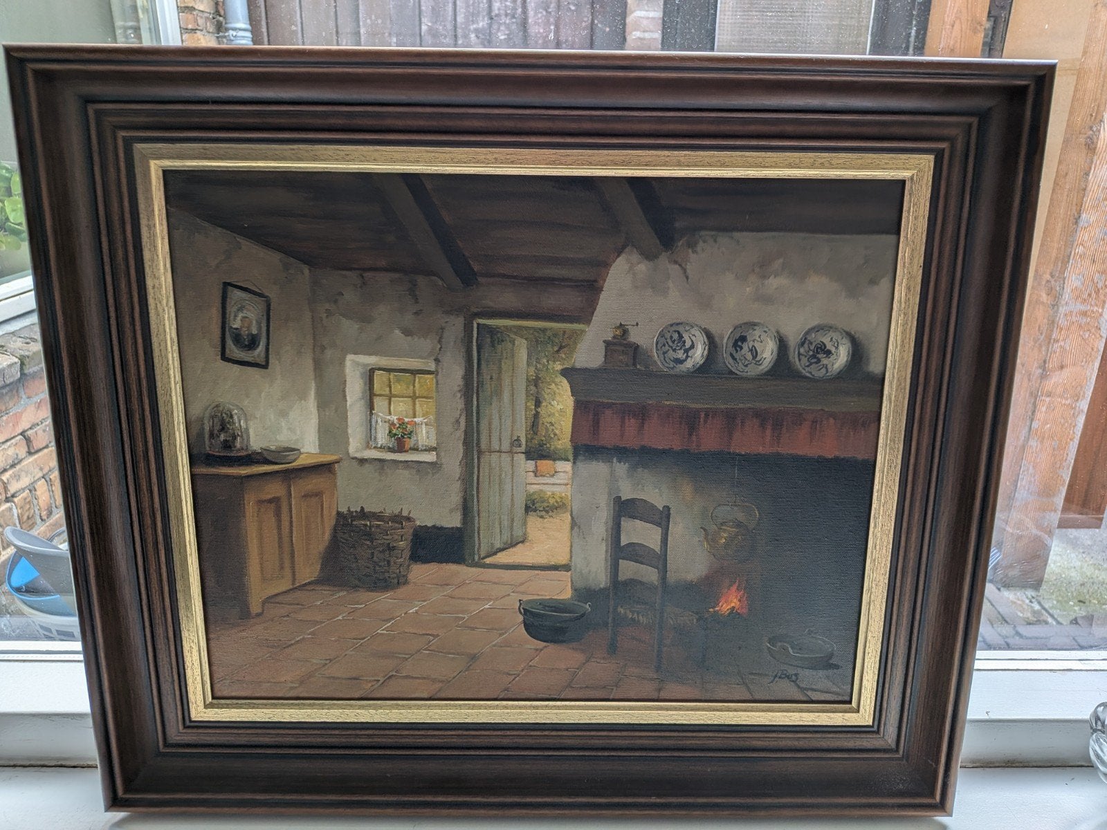 Sfeervol olieverfschilderij Boereninterieur – Gesigneerd J., Ophalen