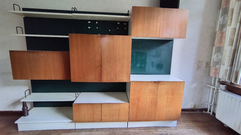 Vintage jaren 60 systeem wandkast - Teak en wit, Ophalen, 250 tot 300 cm, 200 cm of meer, Met lade(s)
