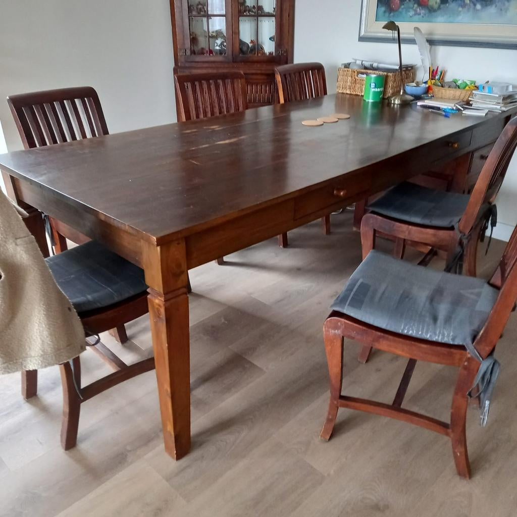Grote eethoek met tafel en 6 stoelen, Huis en Inrichting, Tafels | Eettafels, Ophalen, Gebruikt, 100 tot 150 cm, Klassiek