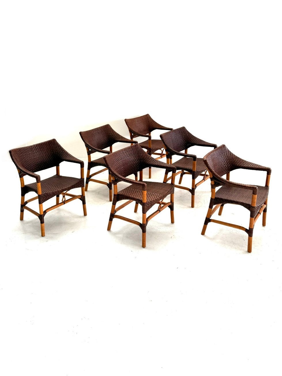 Set van 6 rotan eetkamerstoelen, Yuzuru Yamakawa ‘90, Huis en Inrichting, Yuzuru Yamakawa, Vintage retro buisframe design rotan webbing papercord deens