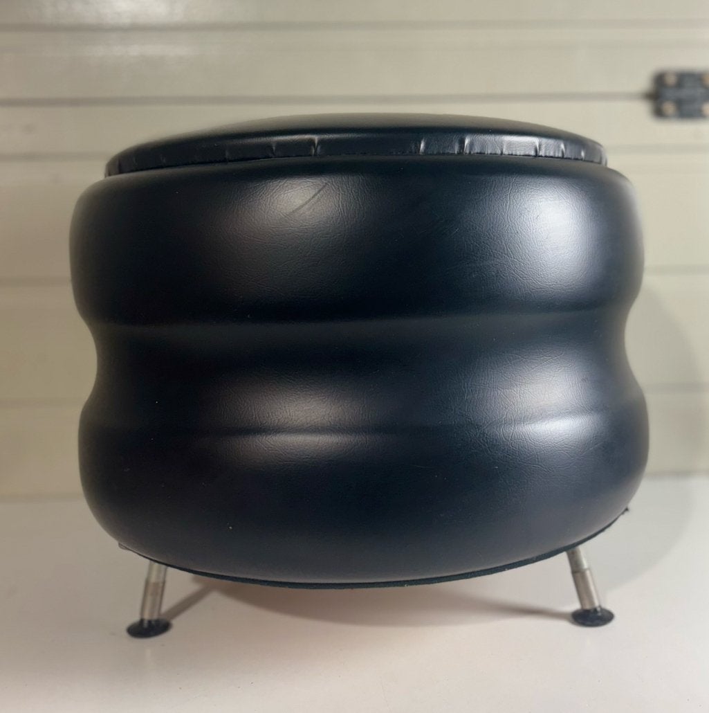 Vintage zwarte skai leren poef met opbergruimte –jaren 60/70, Ophalen, Rond