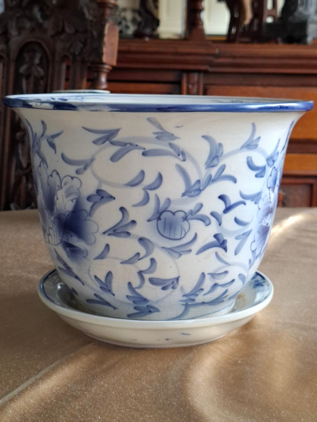 Grote Vintage Chinese Bloempot + Onderbord, Rond, Ophalen of Verzenden, Aardewerk, Minder dan 40 cm