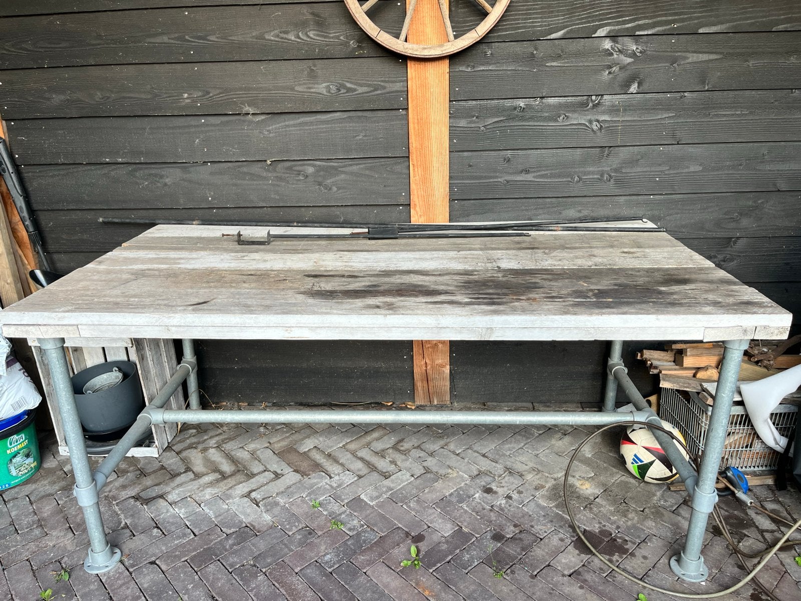Steigerhouten tafel met steigerbuizen frame (185x81x95), Ophalen, Gebruikt, 50 tot 100 cm, 150 tot 200 cm