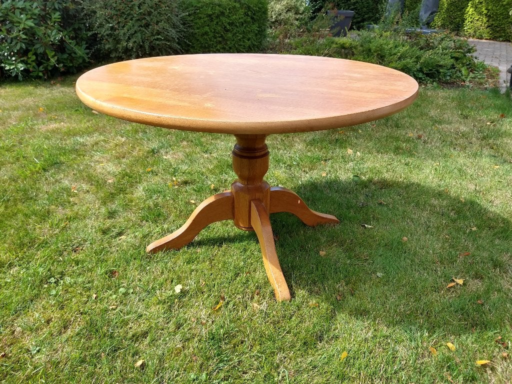 Nog goede eikenhouten ronde eettafel, Ophalen, Gebruikt, 100 tot 150 cm, 100 tot 150 cm