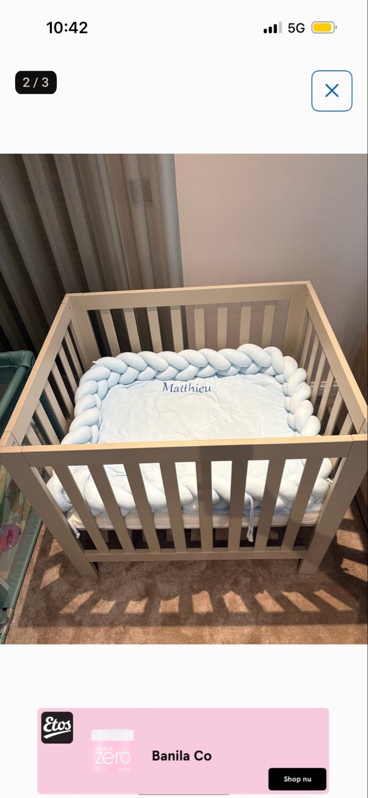 Mooi ledikantje box met matras en bedbumper, Ophalen, Gebruikt, Ledikant