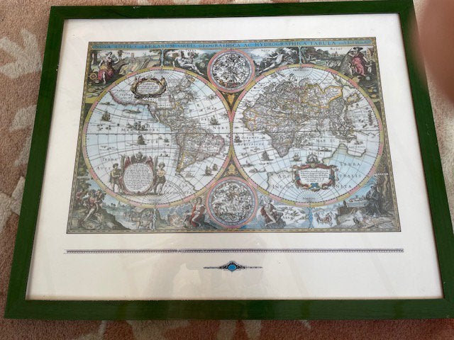 Wereldkaart hand geschilderd in lijst, Met passe-partout, Ophalen of Verzenden, 45 cm, 44 cm