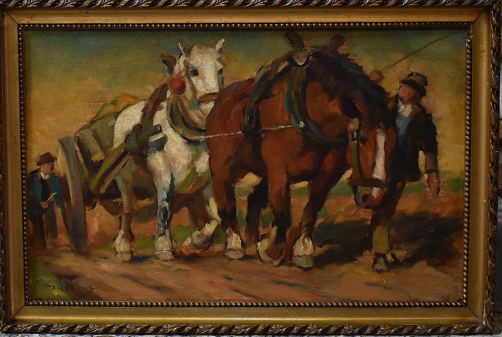 "Boeren met paarden en kar"--Nefkens., Dieren, Olieverf, Klassiek, Gesigneerd
