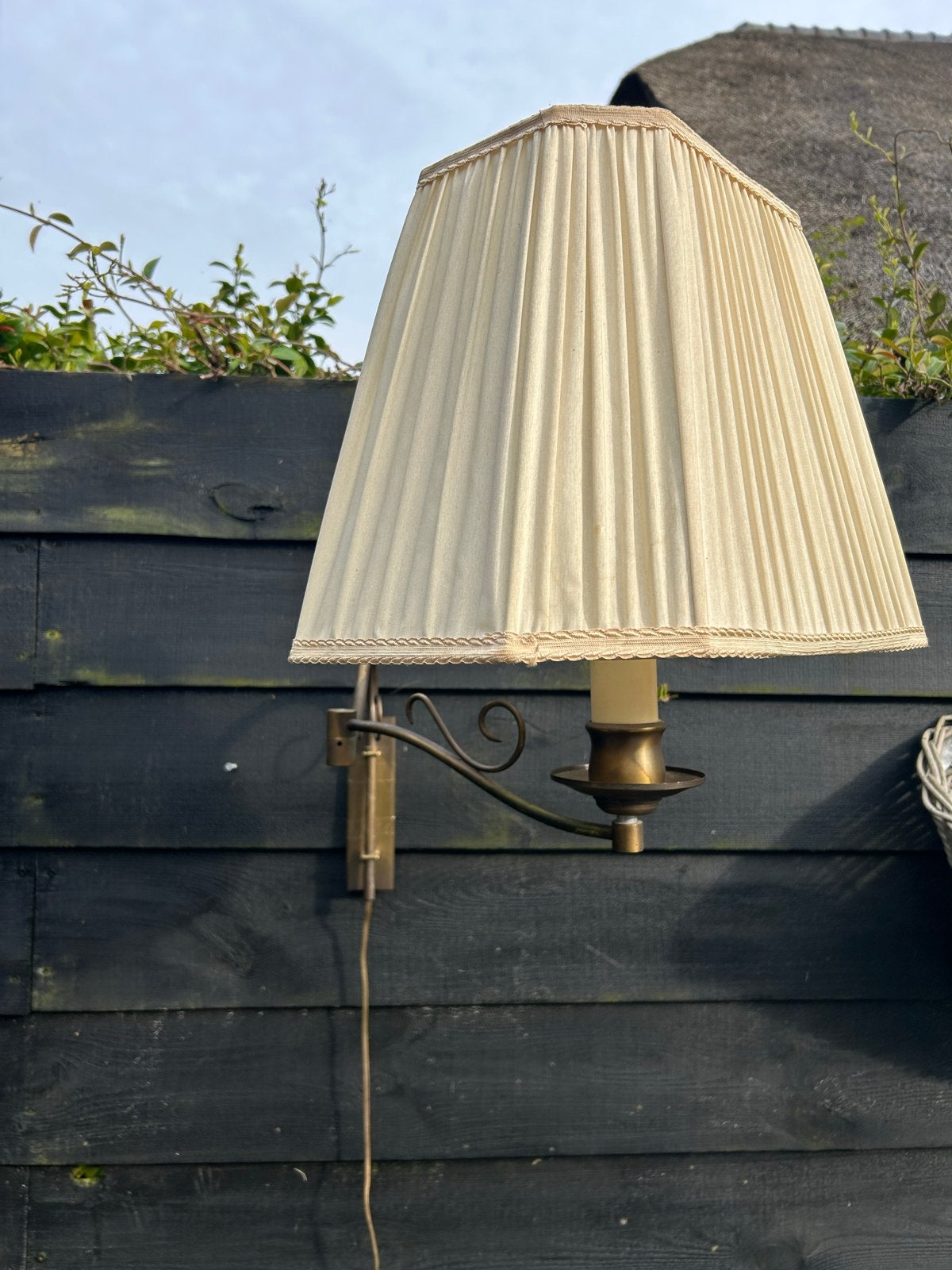 Vintage Messing Wandlamp met Stoffen Kap, Antiek en Kunst, Ophalen of Verzenden