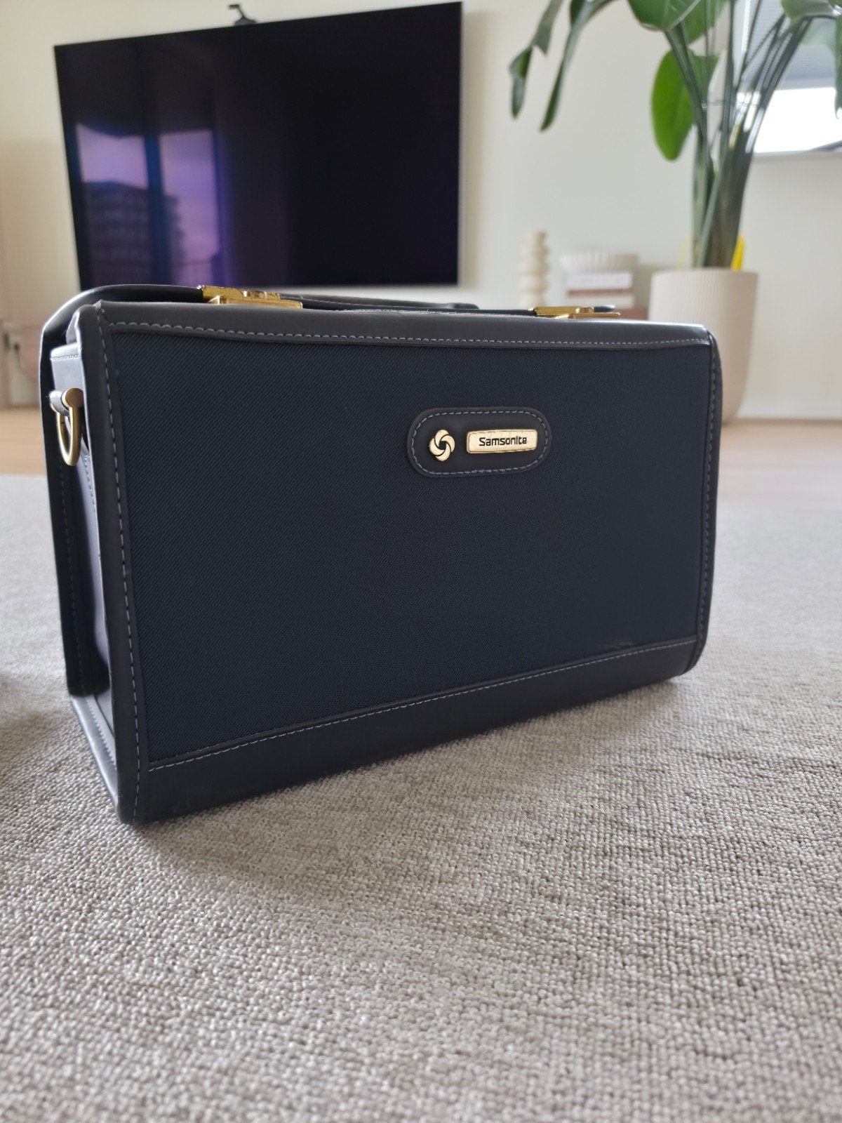 Vintage Samsonite Beautycase / Toilettas – Compleet met riem, Ophalen of Verzenden, Gebruikt, Blauw, Schoudertasje