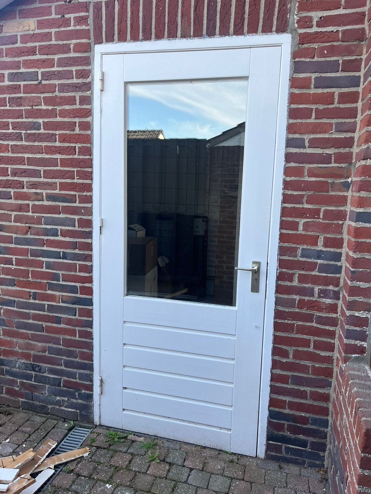 Hardhouten tuindeur incl glas, deurbeslag en kozijn, Deurkozijn, Zo goed als nieuw, 150 tot 225 cm, Hout