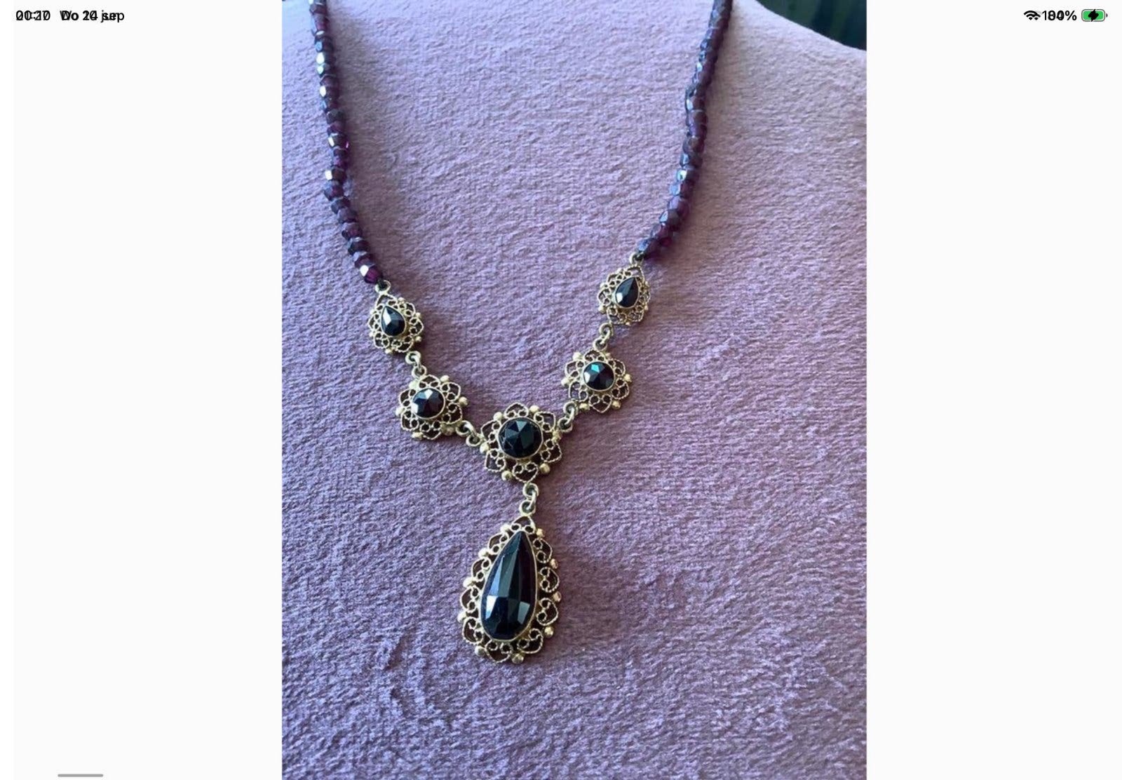Vintage gouden collier edelsteen Granaat ketting , 14 k goud, Verzenden, Zo goed als nieuw, Met edelsteen, Goud