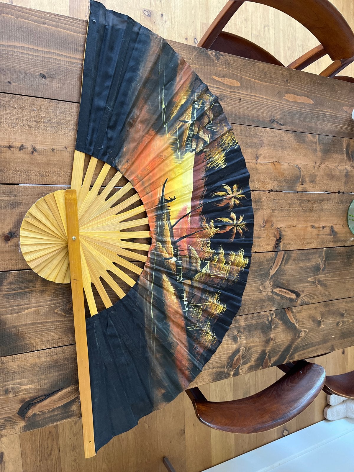 Grote Oosterse Decoratieve Waaier met Bamboe en Schilderij, Ophalen, Gebruikt, Meerkleurig, Oosters