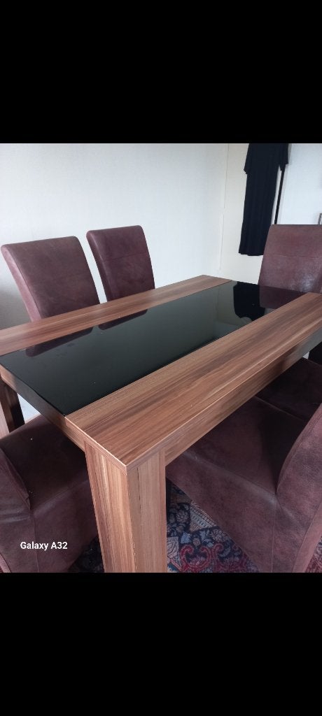 Eetkamerstoelen met tafel, Ophalen, Bruin, Zo goed als nieuw, Stof