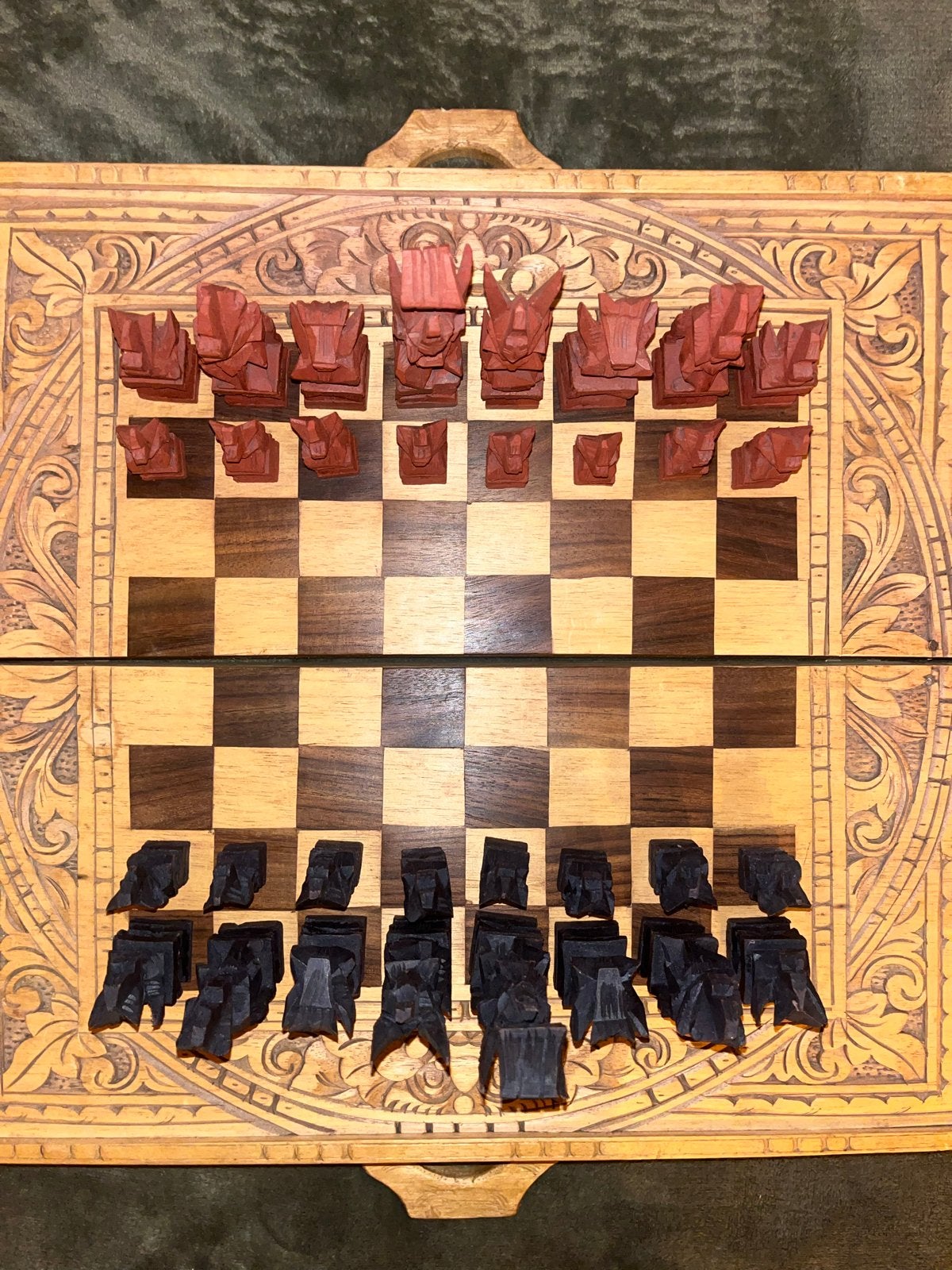 Aziatisch Handgesneden Houten Schaak & Backgammon Bord, Een of twee spelers, Ophalen, Gebruikt
